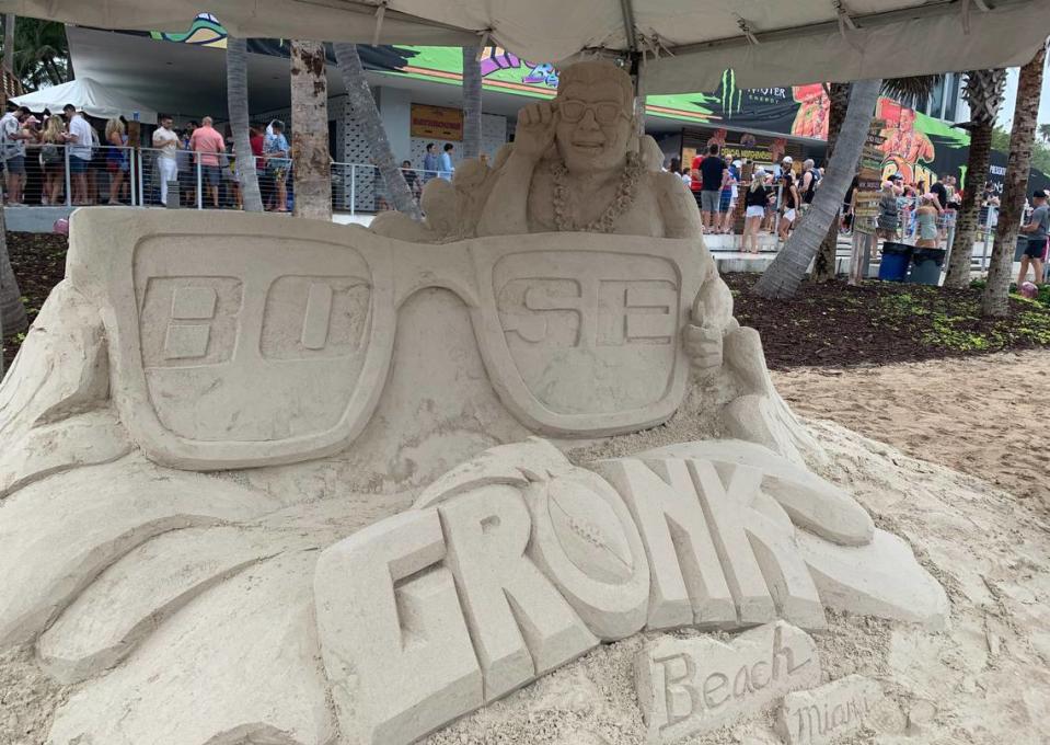 A sand sculpture marks “Gronk Beach,” off Collins Avenue, where former New England Patriots star Rob Gronkowski held a pre-Super Bowl party and concert.