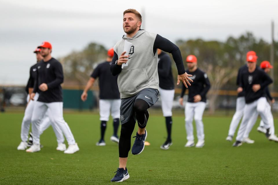 Detroit Tigers major league performance coach Shane Wallen leads warm up during spring training at TigerTown in Lakeland, Fla. on Saturday, Feb. 17, 2024.