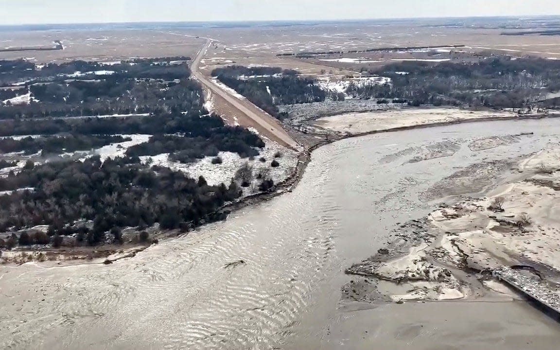 Highway 281 is seen damaged after a storm triggered historic flooding, in Niobrara, Nebraska - REUTERS