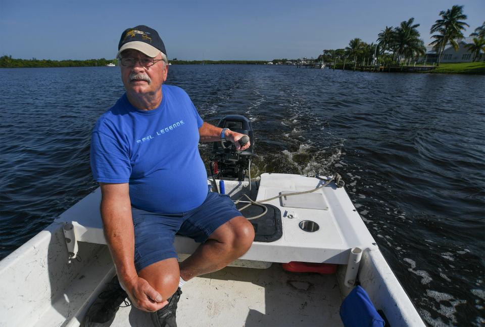 Port St. Lucie angler Jim Dirks takes his boat out on Tuesday, June 20, 2023, in Port St. Lucie to view the St. Lucie River shoreline around Sandpiper Bay Resort where hundreds of mangrove trees were recently cut down. "It bothered me beyond compare, it angered me and I was disgusted and I'm hoping that they pay dearly for it," Dirks said. "I reported it the next day to the Florida Department of Environmental Protection, and I guess the FDEP picked it up from there."