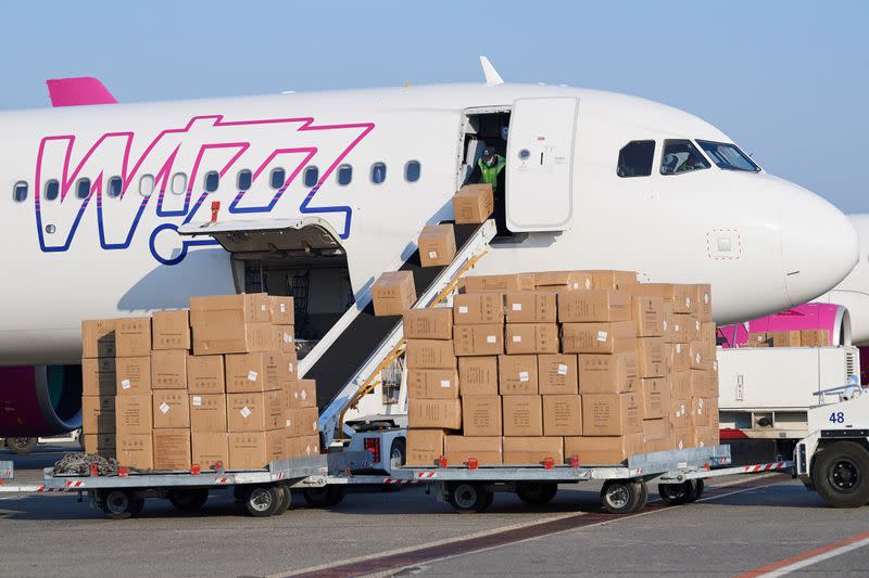 Wizzair's aircraft with shipment of medical and protective gear from China arrives at Budapest Airport