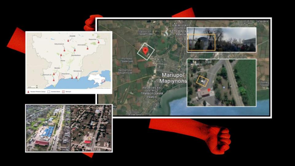 <div class="inline-image__caption"><p>Location of the known filtration camps in Donetsk, pictures of a pickup point for civilians fleeing war zones just outside Mariupol, and a screenshot from the drone footage of the filtration camp in Bezimenne from May 2022 (left) and satellite image of the area from 2019 (right).</p></div> <div class="inline-image__credit">Luis G. Rendon/The Daily Beast/Getty/Centre for Information Resilience</div>