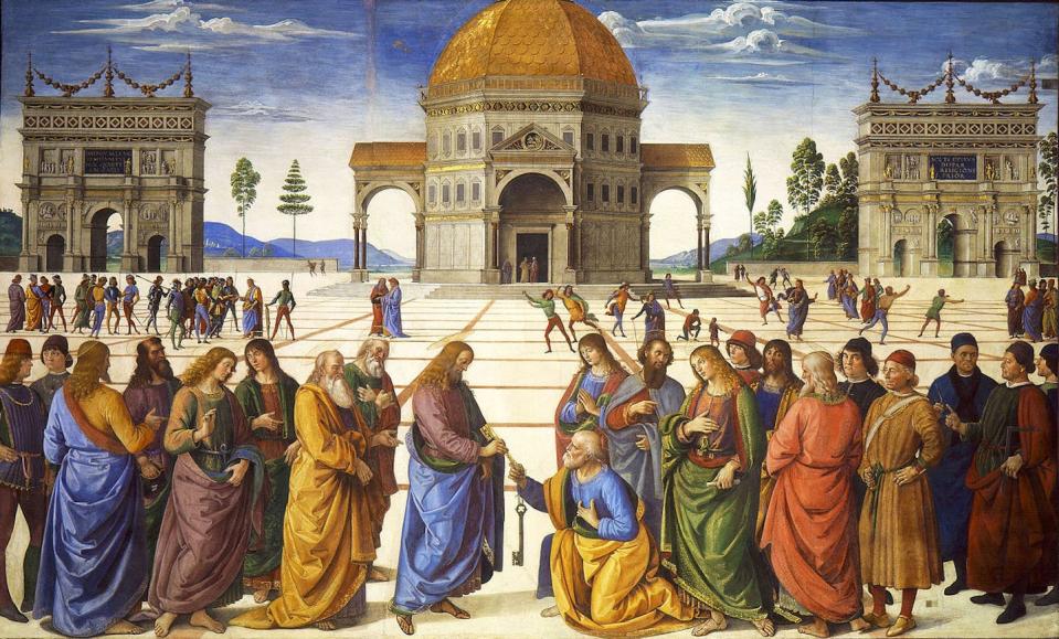 In Christ Giving the Keys to St. Peter, by Perugino (1481-1482), it is perfectly clear how the third dimension is achieved through perspective (the piece’s correct depth). <a href="https://commons.wikimedia.org/wiki/File:Entrega_de_las_llaves_a_San_Pedro_(Perugino).jpg" rel="nofollow noopener" target="_blank" data-ylk="slk:Wikimedia Commons;elm:context_link;itc:0;sec:content-canvas" class="link ">Wikimedia Commons</a>
