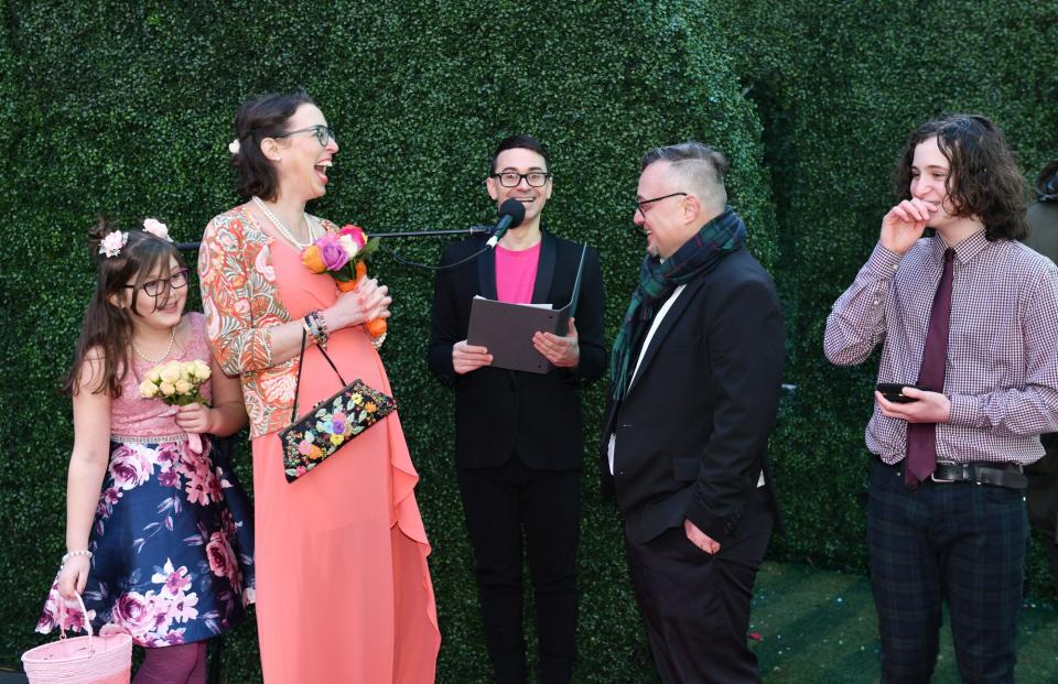 Christian Siriano attends as Minted Weddings and Christian Siriano ring in Valentine's Day with pop-up wedding ceremonies in Times Square at Duffy Square in Times Square on February 14, 2023 in New York City.