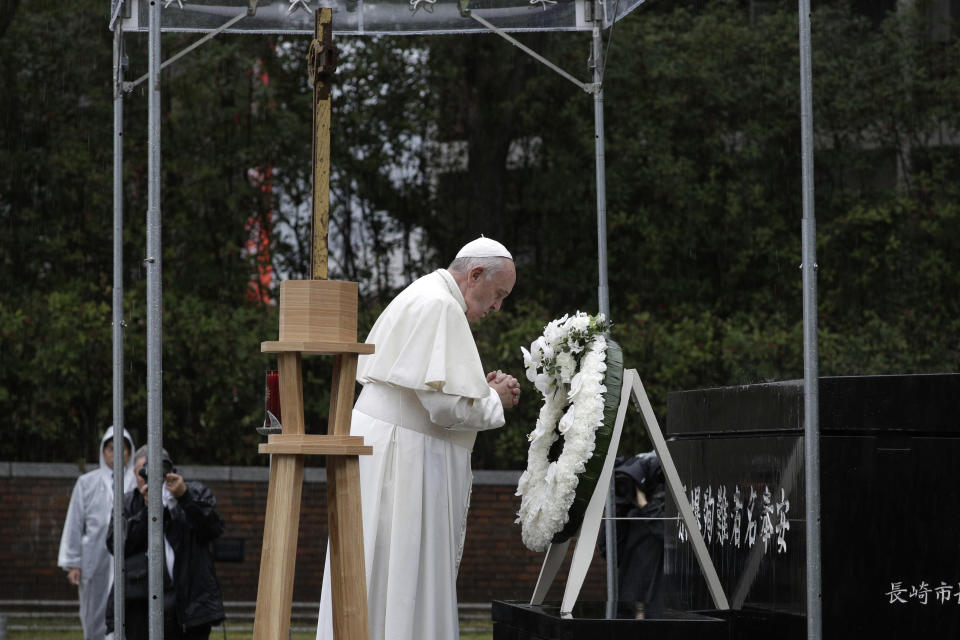 Pope Francis offers prayer after laying a wreath at the Atomic Bomb Hypocenter Park, Sunday, Nov. 24, 2019, in Nagasaki, Japan. (AP Photo/Gregorio Borgia)