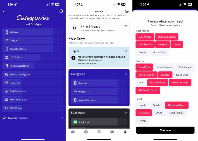 Artifact app, three screenshots of Artifact news personalization and stats
