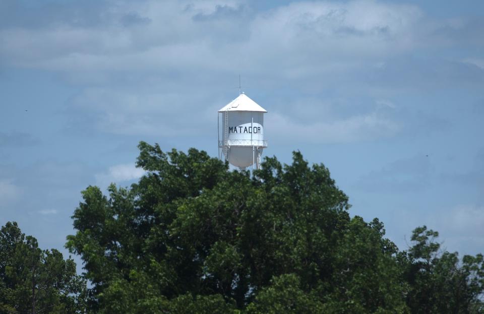 The Matador Water Tower is seen one year after the Matador tornado, Tuesday, June 16, 2024, in Matador, Texas.