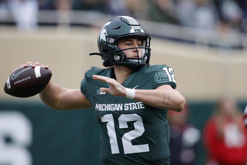 Michigan State quarterback Katin Houser throws against Nebraska during the first half of an NCAA college football game, Saturday, Nov. 4, 2023, in East Lansing, Mich. (AP Photo/Al Goldis)