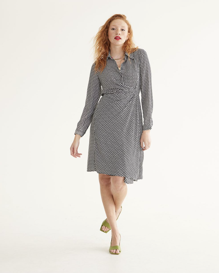 model in black and white printed Long-Sleeve Wrap Shirt-Collar Dress (Photo via Reitmans)