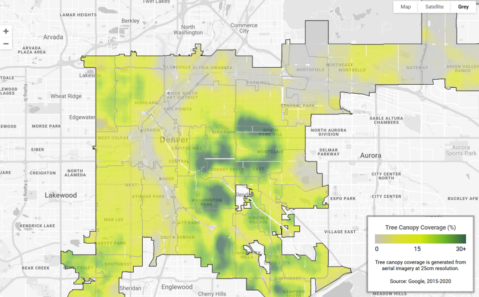 Map of Denver with an overlay showing areas with high and low tree cover.