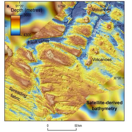 An undated supplied image from Geoscience Australia shows a map view of the sea floor obtained from mapping data collected during the first phase of the search for missing Malaysia Airlines flight MH370. Commonwealth of Australia (Geoscience Australia)/Handout via REUTERS