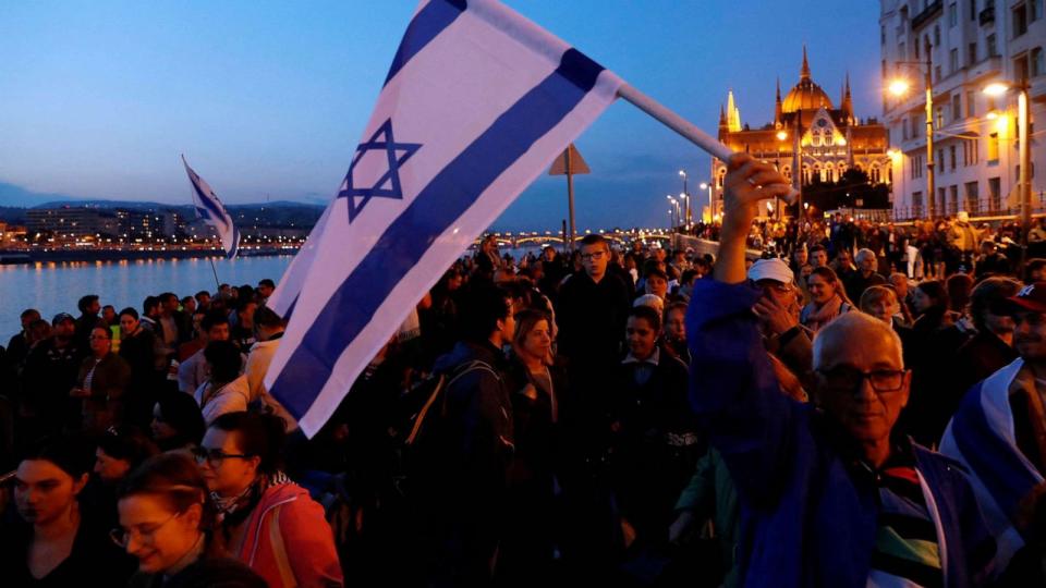 PHOTO: A woman attends a Pro-Israel protest at the 'Shoes on the Danube Bank' memorial in Budapest, Hungary, Oct. 10, 2023. (Bernadett Szabo/Reuters)