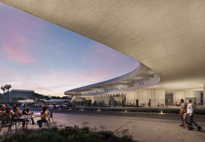 An architectural rendering shows people seated at tables under the swooping curves of Zumthor's LACMA building