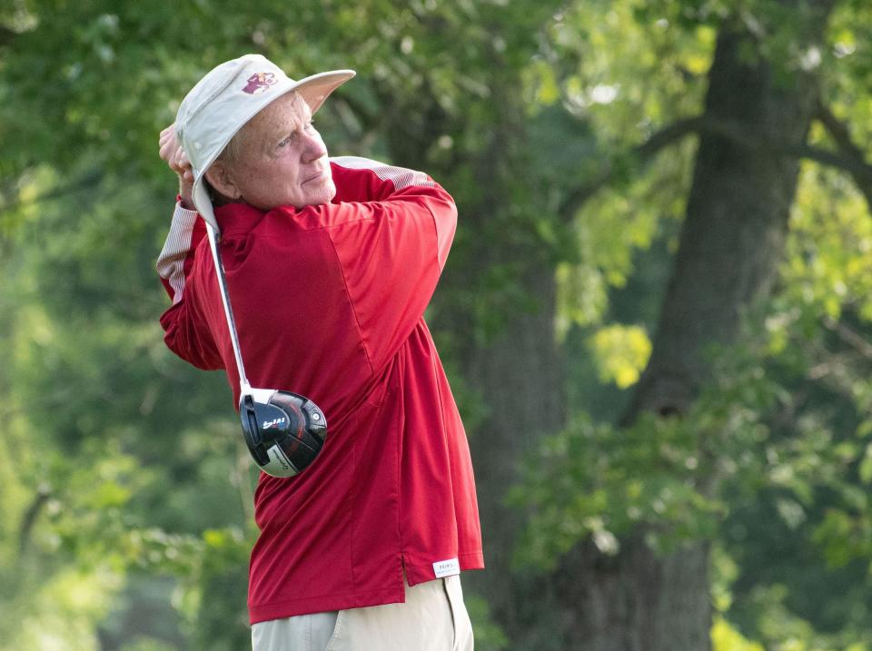 Bob Hasty tees off the second hole at Cascades Golf Course in the Bloomington City Golf Tournament on July 9, 2023.