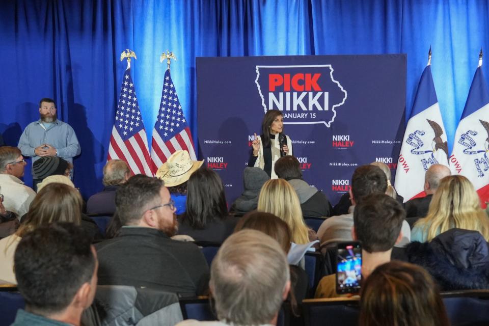 Nikki Haley speaks to supporters, volunteers and media at JethroÕs BBQ in Ames, Iowa on Jan 14, 2024, before the 2024 Iowa Caucus.