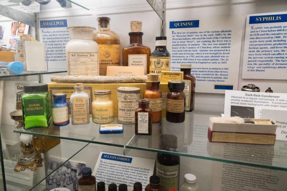 A collection of quinine bottles sit in a display case about disease and antibiotics at the Museum of Medical History in East Sacramento on Thursday, July 25, 2024.