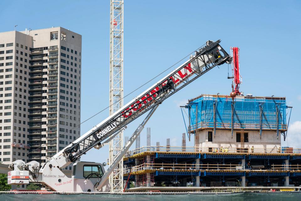 A development site is under construction at the former Joe Louis Arena near the riverfront in Detroit on Thursday, July 21, 2022.