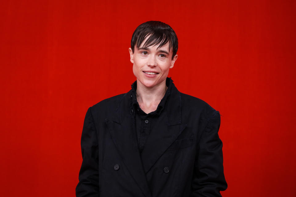 PARIS, FRANCE - OCTOBER 02: (EDITORIAL USE ONLY - For Non-Editorial use please seek approval from Fashion House) Elliot Page poses on the runway during the Balenciaga Womenswear Spring/Summer 2022 show as part of Paris Fashion Week at Theatre Du Chatelet on October 02, 2021 in Paris, France. (Photo by Richard Bord/Getty Images)