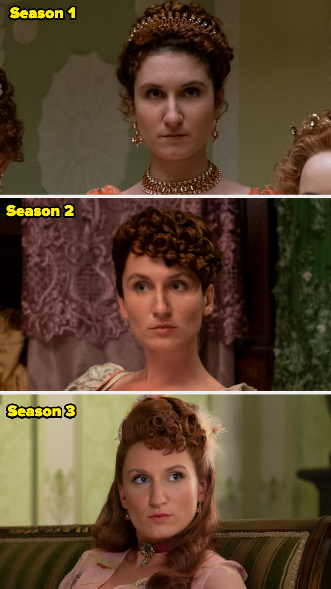 Actress from TV series wearing period costumes: Season 1 - tiara and necklace, Season 2 - short curly hairstyle, Season 3 - wavy hair and floral accessory