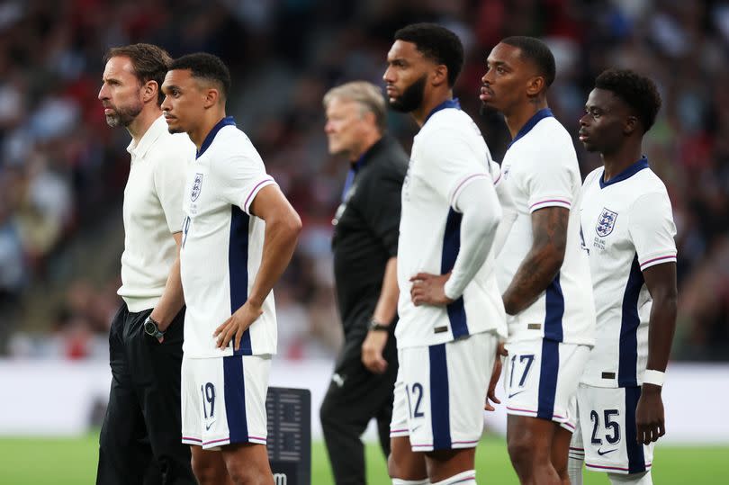 Gareth Southgate, Manager of England men's senior team,Trent Alexander-Arnold, Joe Gomez, Ivan Toney and Bukayo Saka of England look on during the international friendly match between England and Iceland at Wembley Stadium on June 07, 2024 in London, England.