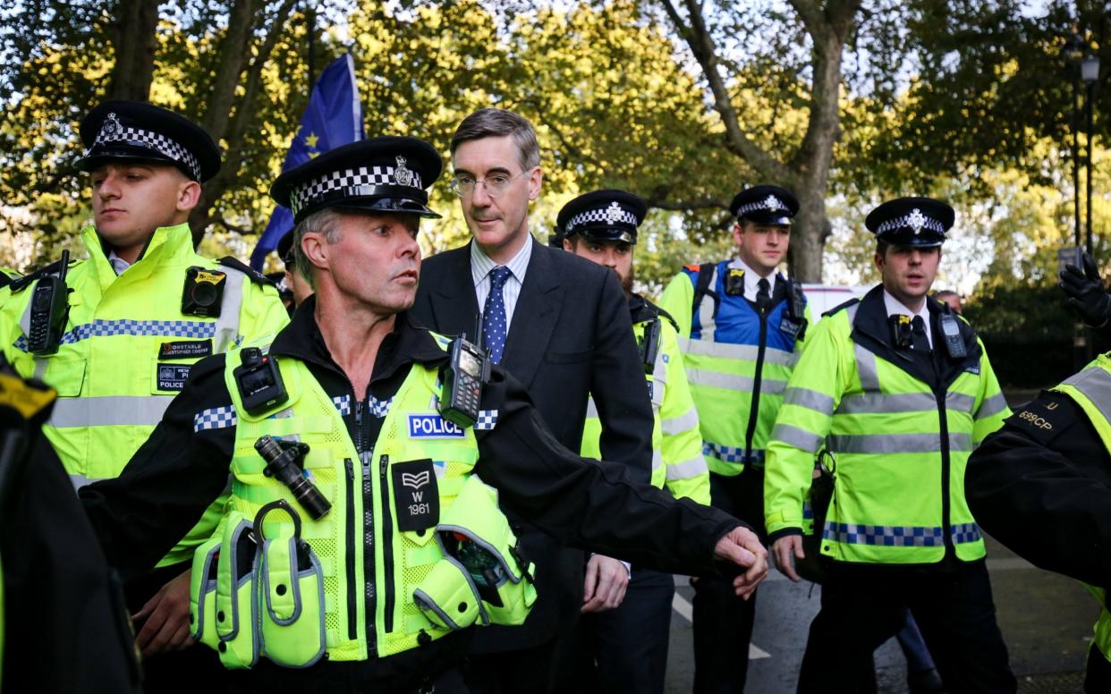 Jacob Rees-Mogg and his son Peter Theodore Alpheges are escorted by police officers in Parliament Square during an anti-Brexit rally in October - PA