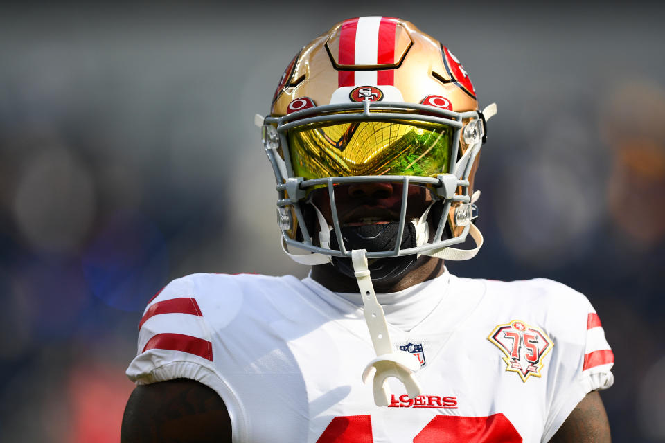 INGLEWOOD, CA - JANUARY 09: San Francisco 49ers Wide Receiver Deebo Samuel (19) looks on before the NFL game between the San Francisco 49ers and the Los Angeles Rams on January 9, 2022, at SoFi Stadium in Inglewood, CA. (Photo by Brian Rothmuller/Icon Sportswire via Getty Images)