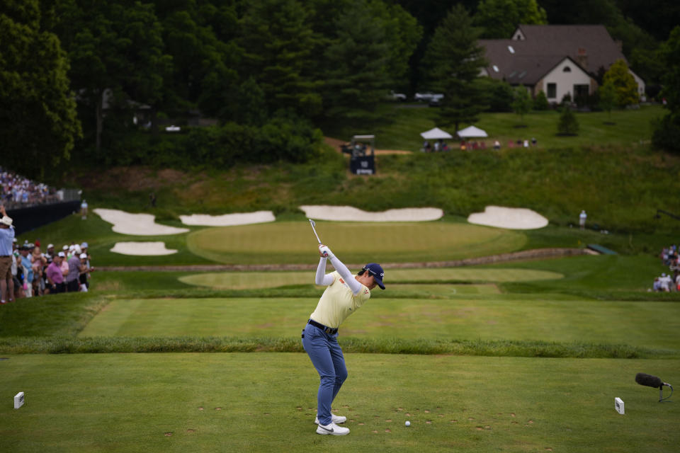 Yuka Saso, of Japan, hits off the 12th tee during the final round of the U.S. Women's Open golf tournament at Lancaster Country Club, Sunday, June 2, 2024, in Lancaster, Pa. (AP Photo/Matt Slocum)