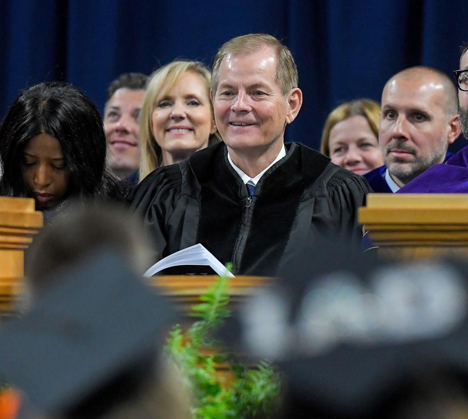 Elder Gary E. Stevenson attends Utah State University’s commencement ceremony on Thursday, May 4, 2023, in Logan, Utah. | Eli Lucero, Herald Journal