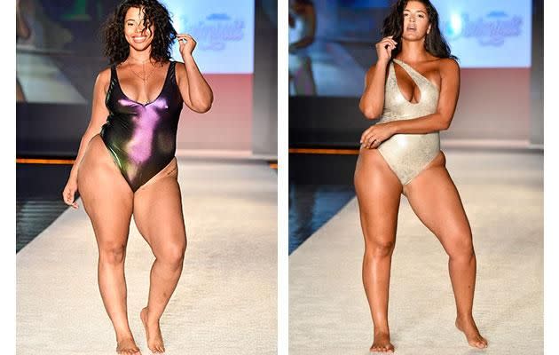 Two plus size models on the Sports Illustrated runway last month. Photo: Getty