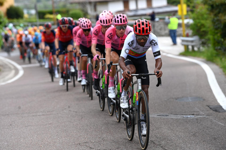 BRENTONICO SAN VALENTINO ITALY  APRIL 19 Merhawi Kudus of Eritrea and Team EF EducationEasypost leads the peloton during the 46th Tour of the Alps 2023 Stage 3 a 1625km stage from Ritten to Brentonico San Valentino 1321m on April 19 2023 in Brentonico San Valentino Italy Photo by Tim de WaeleGetty Images