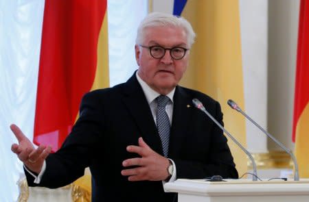 FILE PHOTO: German President Frank-Walter Steinmeier speaks during a joint news conference with Ukrainian President Petro Poroshenko following their meeting in Kiev, Ukraine May 29, 2018. REUTERS/Gleb Garanich