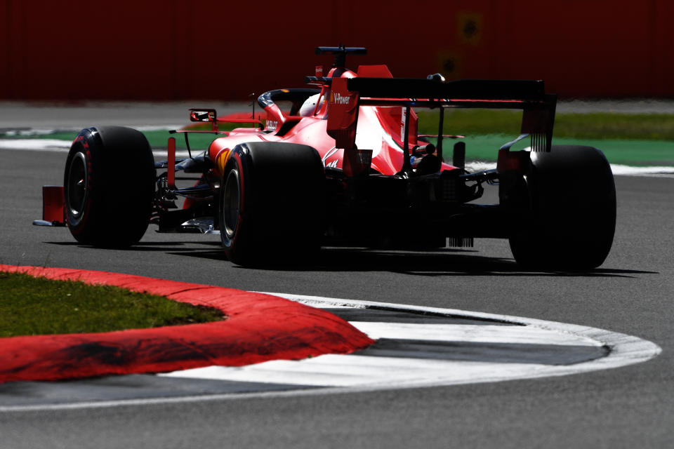 NORTHAMPTON, ENGLAND - AUGUST 01: Sebastian Vettel of Germany driving the (5) Scuderia Ferrari SF1000 on track during qualifying for the F1 Grand Prix of Great Britain at Silverstone on August 01, 2020 in Northampton, England. (Photo by Rudy Carezzevoli/Getty Images)