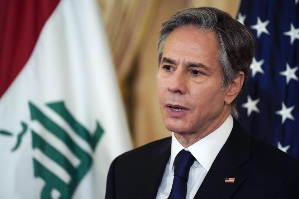 Secretary of State Antony Blinken speaks as he and Iraq's Foreign Minister Fuad Hussein face reporters as they meet at the State Department in Washington, Friday, July 23, 2021. (Elizabeth Frantz/Pool via AP)