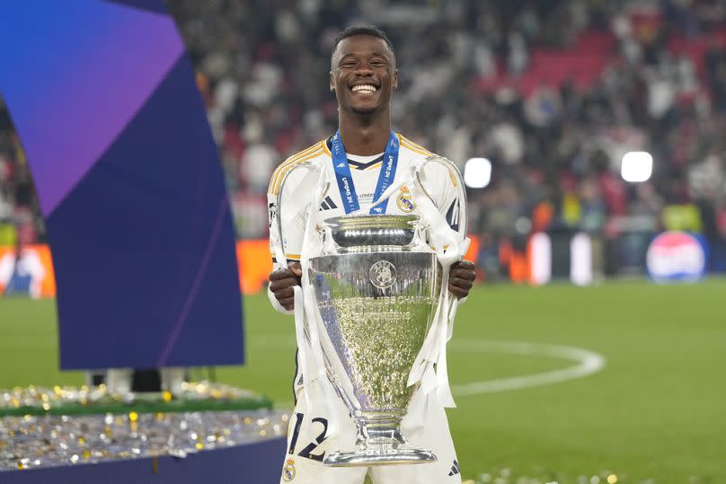 Eduardo Camavinga celebrates the Champions League victory in London, Saturday, June 1, 2024