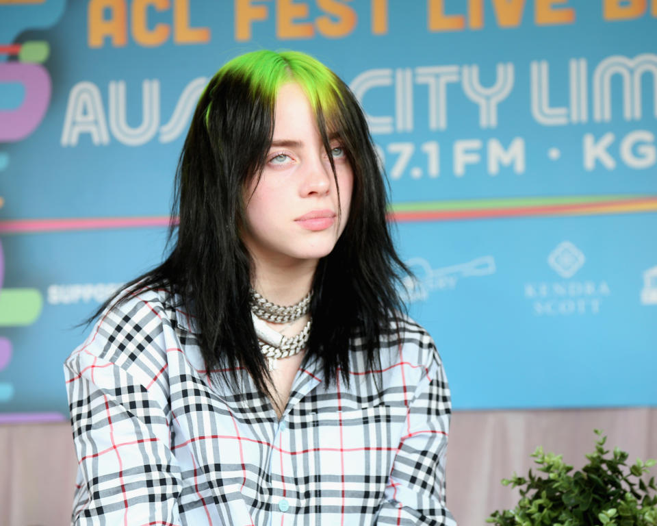 AUSTIN, TEXAS - OCTOBER 05:  Billie Eilish is interviewed back stage during weekend one of the 2019 ACL Fest at Zilker Park on October 5, 2019 in Austin, Texas.  (Photo by Gary Miller/Getty Images)