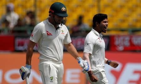 Cricket - India v Australia - Fourth Test cricket match - Himachal Pradesh Cricket Association Stadium, Dharamsala, India - 25/03/17 - India's Umesh Yadav celebrates after dismissing Australia's Shaun Marsh. REUTERS/Adnan Abidi