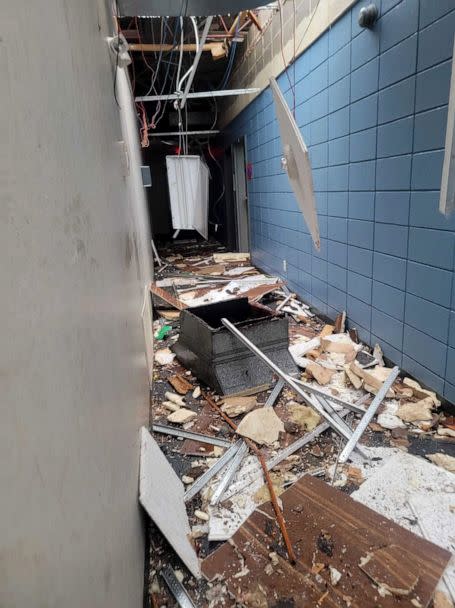 PHOTO: Selma's tornado ripped the ceiling off the Crosspoint Christian Church's daycare, exposing this hallway to the elements. (Amanda McCloud)