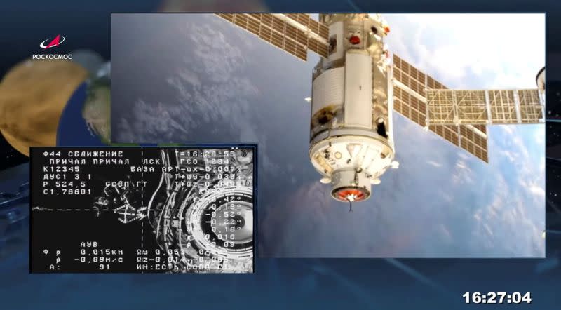 The Nauka (Science) Multipurpose Laboratory Module is seen during its docking to the International Space Station (ISS)