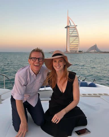 <p>Sarah Rafferty Instagram</p> Sarah Rafferty and Sannttu Seppala in Dubai.