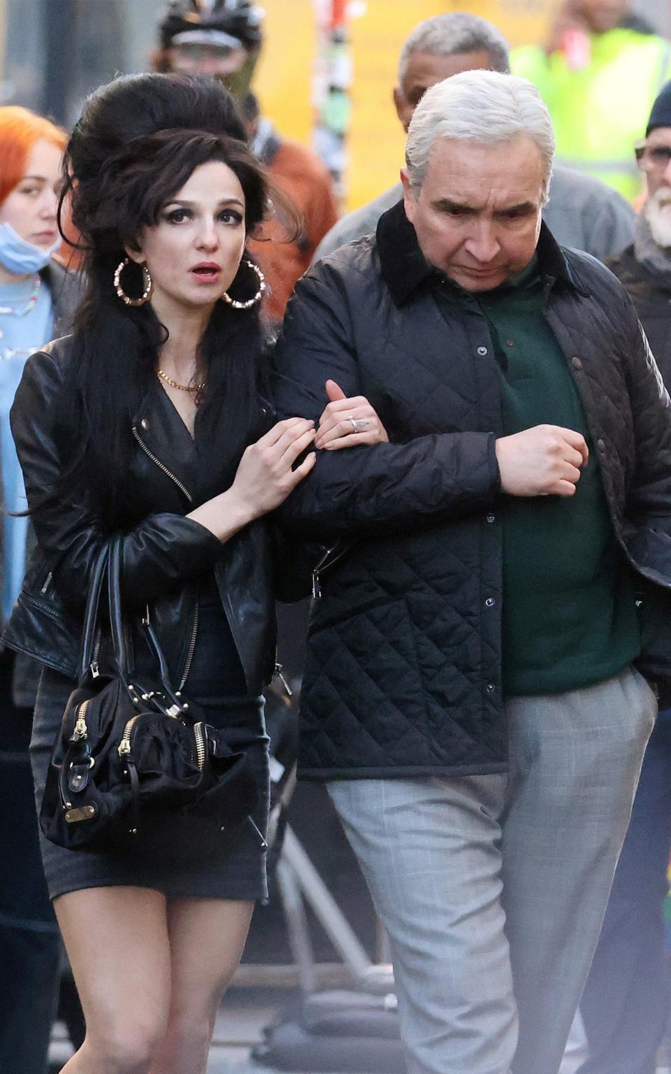 Marisa Abela and Eddie Marsan in Soho, London, during the filming of the Amy Winehouse-inspired movie 'Back to Black'