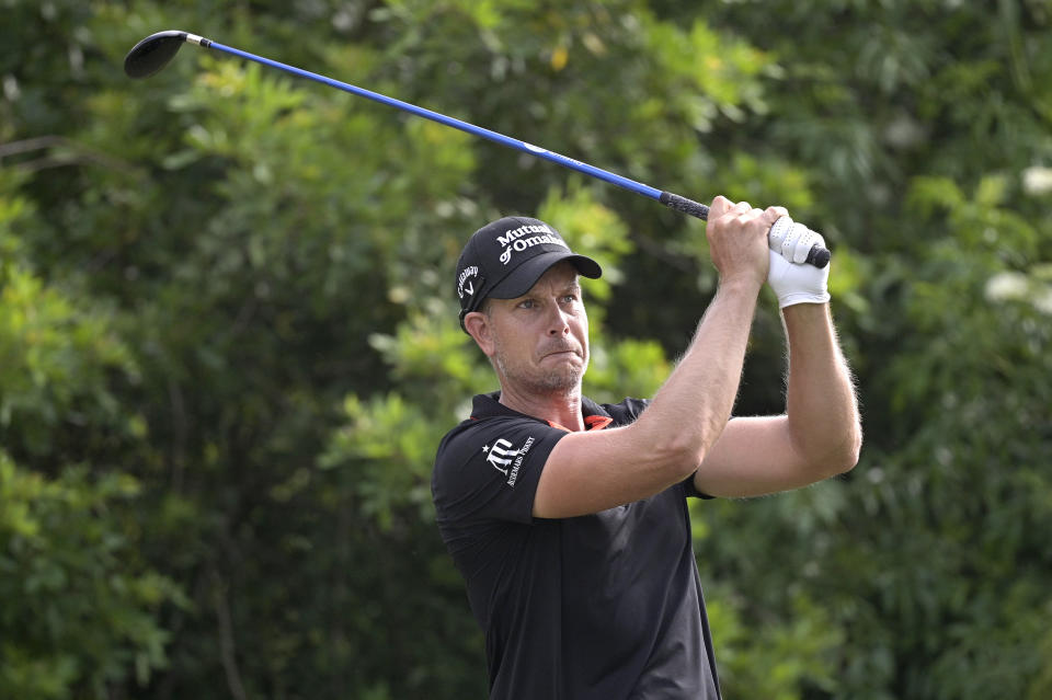 Henrik Stenson, of Sweden, watches his tee shot on the seventh hole during the final round of the Valspar Championship golf tournament, Sunday, May 2, 2021, in Palm Harbor, Fla. (AP Photo/Phelan M. Ebenhack)