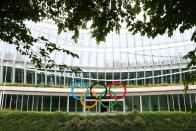 The Olympic rings are pictured in front of the IOC in Lausanne