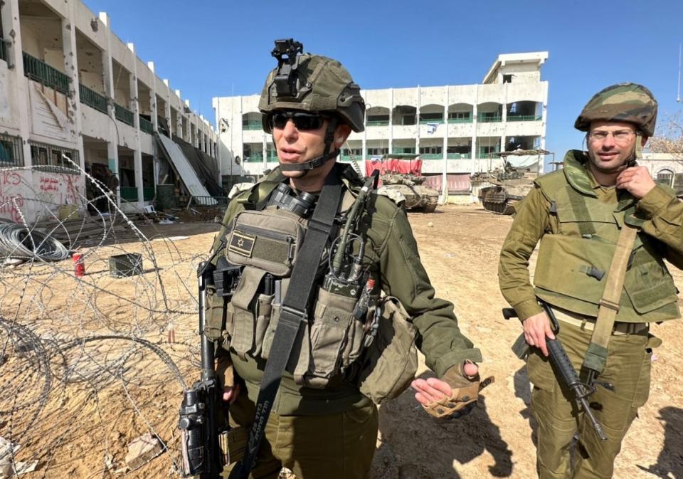 Lt. Col. Anshi in front of a Gaza school that had a militants' tunnel under it. Two of his men were killed here by Hamas militants who came out of it. Anshi himself was shot in the left arm here by a sniper.