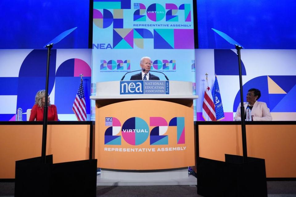 President Biden, pictured alongside NEA President Becky Pringle at the union’s annual meeting in Washington, will rely on the organizing strength of teachers’ unions in November. (Getty Images)