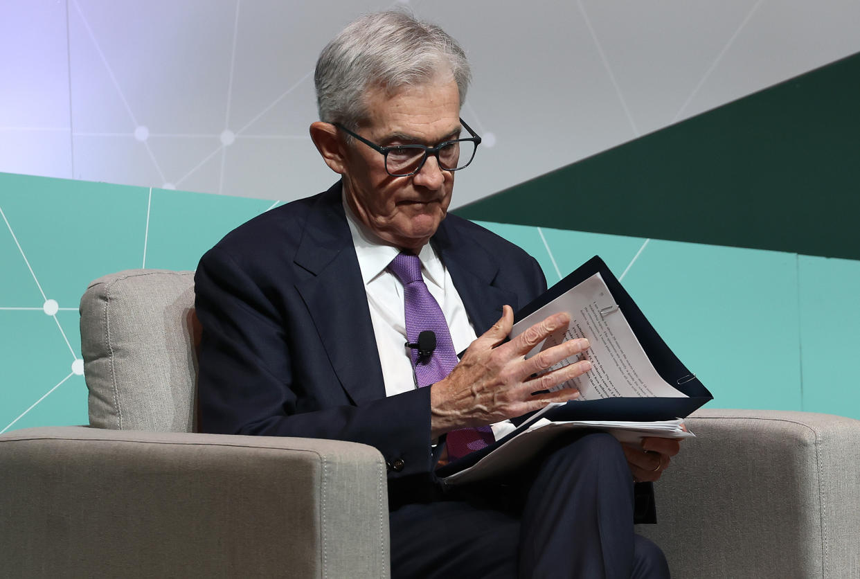 STANFORD, CALIFORNIA - APRIL 03: Federal Reserve Bank Chair Jerome Powell looks through papers during the Stanford Business, Government and Society Forum at Stanford University on April 03, 2024 in Stanford, California. Powell spoke at the Stanford’s first Business, Government, and Society Forum with the  theme of  responsible leadership in a polarized world. (Photo by Justin Sullivan/Getty Images)