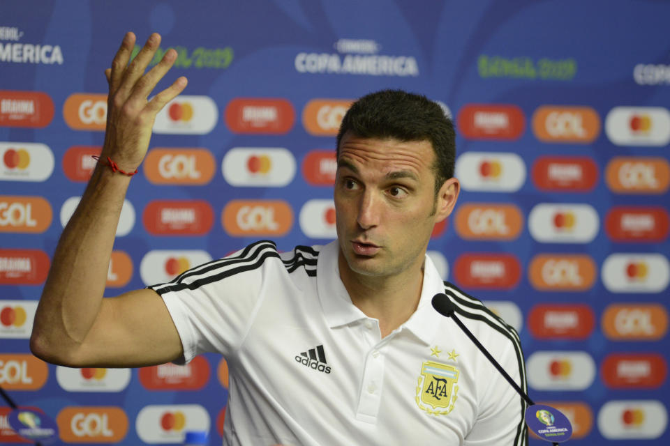 Argentina's national soccer team coach Lionel Scaloni listens to questions during a press at the Mineirao stadium in Belo Horizonte, Brazil, Tuesday, June 18, 2019. Argentina will play Paraguay in a Copa America Group B soccer match on June 19. (AP Photo/Eugenio Savio)