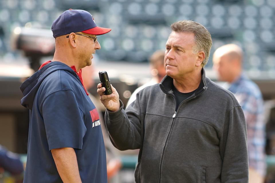 Former Guardians manager Terry Francona speaks to longtime team radio broadcaster Tom Hamilton.