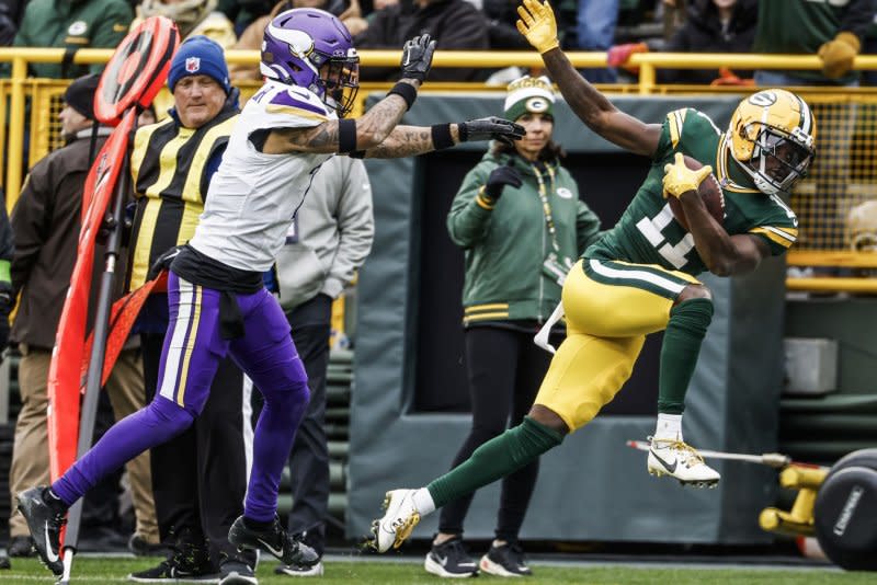 Green Bay Packers wide receiver Jayden Reed (R) scored in two of his last four games. File Photo by Tannen Maury/UPI