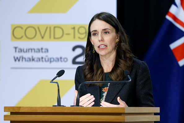 Prime Minister Jacinda Ardern speaks to media during a press conference at Parliament in Wellington, New Zealand. 