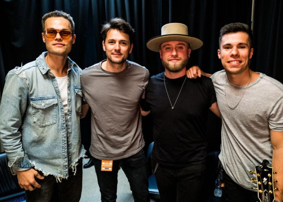Chris Deaton, Simon Dumas, Caleb Miller and Jordan Harvey of King Calaway are seen backstage during night 1 of the 50th CMA Fest at Nissan Stadium on June 08, 2023 in Nashville, Tennessee.